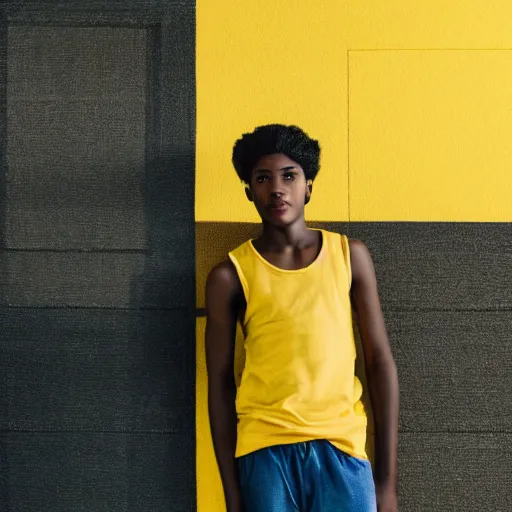 Image similar to black teenage boy with a long nose wearing a white tank top, walking in a nostalgic room with yellow walls and brown carpet