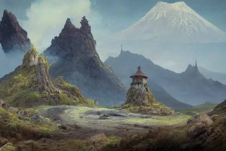 Prompt: single small fantasy castle in foreground, highly detailed, barren landscap, volcanoe in background, lavaflows in the foreground, illustrated by Greg Rutkowski and Gaston Bussiere, 35mm lens, beautiful macro close-up imagery, lush lighting, beautiful volumetric-lighting-style atmosphere