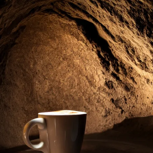 Prompt: a latte, in a dark cave