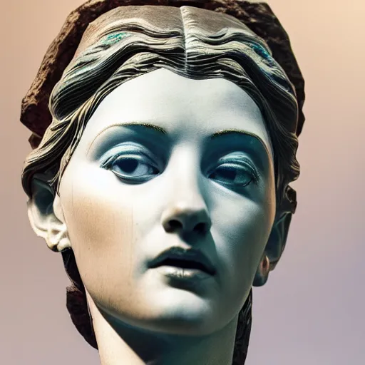 Image similar to a statue of a gorgeous woman made from blue marble with white and gold veins, by michelangelo, close up, face only, portrait, bright lights, bright render, octane render, corona render