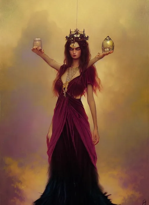 Image similar to ombre velvet gown, black, feathers, lovely bohemian princess, portrait, long hair, tiara, dozens of jeweled necklaces, feral languid woman, by greg rutkowski, brom, anato finnstark, alphonse mucha