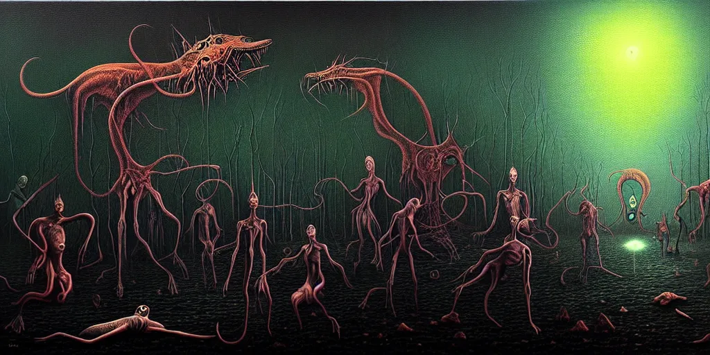 Image similar to creatures lurking in the collective unconscious, in a dark surreal painting by ronny khalil