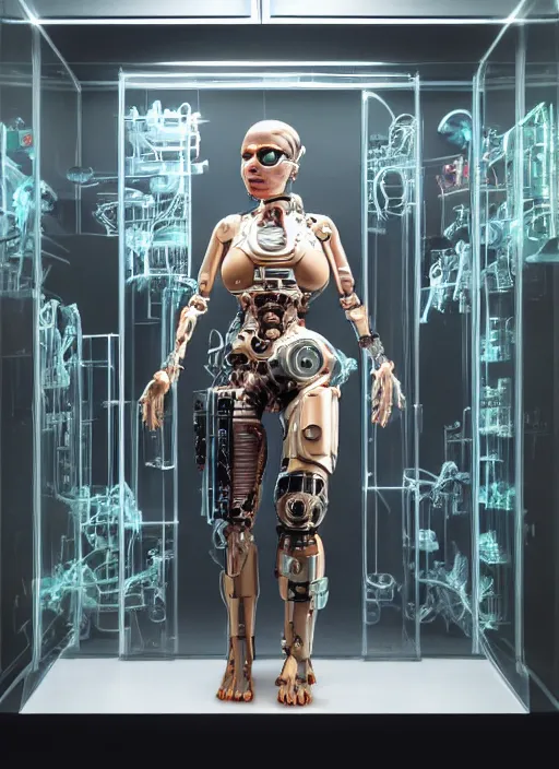 Prompt: Ultra realistic full shot of a cyborg woman in a glass case with a mechanical arms that fix it, electrical cables , tubes , chromed tubes,gotic, cyberpunk,sci-fi, fantasy,Kodak , soft light, volumetric lighting, ,night, fog ,smoke, intricate, elegant, highly detailed, digital painting, artstation, concept art, smooth, sharp focus, illustration,art by artgerm and greg rutkowski and alphonse mucha