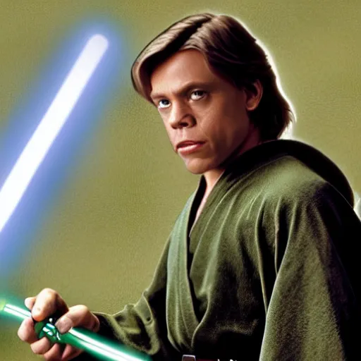 Image similar to a still from a film featuring clean shaven mark hamill as jedi master luke skywalker, holding a green lightsaber by the hilt, full body, 3 5 mm, directed by steven spielberg, 1 9 9 4