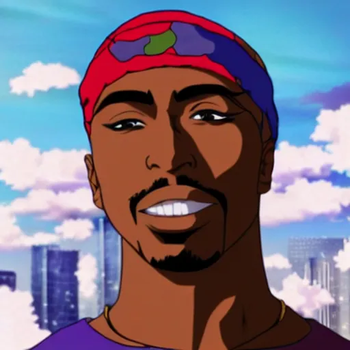 Image similar to Tupac Shakur, screenshot from a 2012s anime