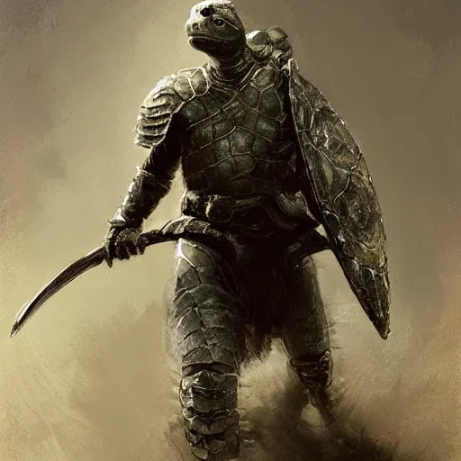 Image similar to portrait of a turtle as a mighty warrior wearing silver armor, holding sword, by craig mullins, jeremy mann.