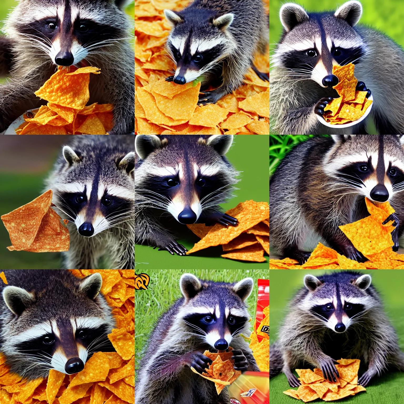 Prompt: raccoon eating Doritos out of a bag photo realistic, hyper realistic, 8k, detailed
