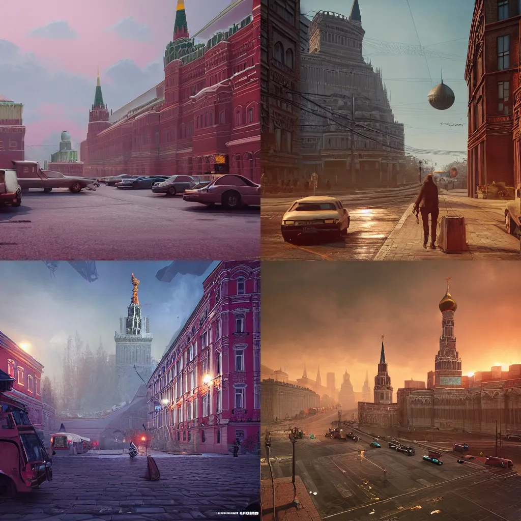 Prompt: “a beautiful highly detailed matte painting of a Moscow Russia, 4 people, max Payne game novel comics, by Jose Daniel Cabrera Pena and Leonid Kozienko, concept art by Tooth Wu and wlop and beeple and dan mumford and greg rutkowski and nekroxiii. octane render, cinematic, hyper realism, octane render, 8k, iridescent accents. vibrant, teal and gold blue red dark noir colour scheme”