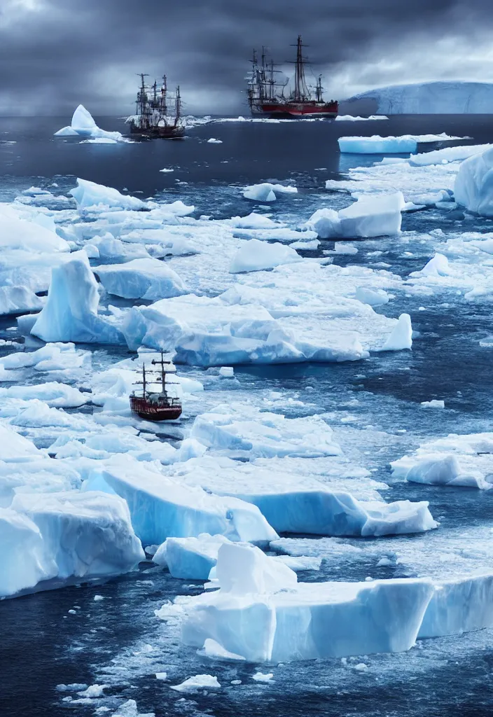 Image similar to ship being persecuted by a police ship over raging turbulent waters in antartica, icebergs in the background, hyper realistic, highly detailed, digital art, apocalyptic, intimidating lighting, raytracing, sharp focus, smooth, romanticism