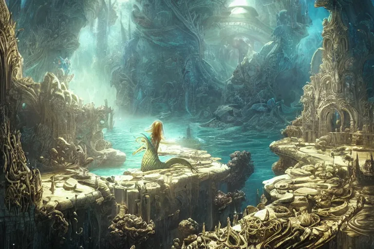 Image similar to a beautiful mermaid looking at the sunken city of Atlantis under water, rays of sunlight, stunning undersea grand architecture in the style of Joe Fenton, art style by Greg Rutkowski and Mohrbacher, deep underwater scene, dark and moody, faint volumetric god rays, grim crushing atmosphere