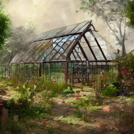 Prompt: painting of an old ancient greenhouse, ruined greenhouse, concept art, artstation, old painting, wild garden