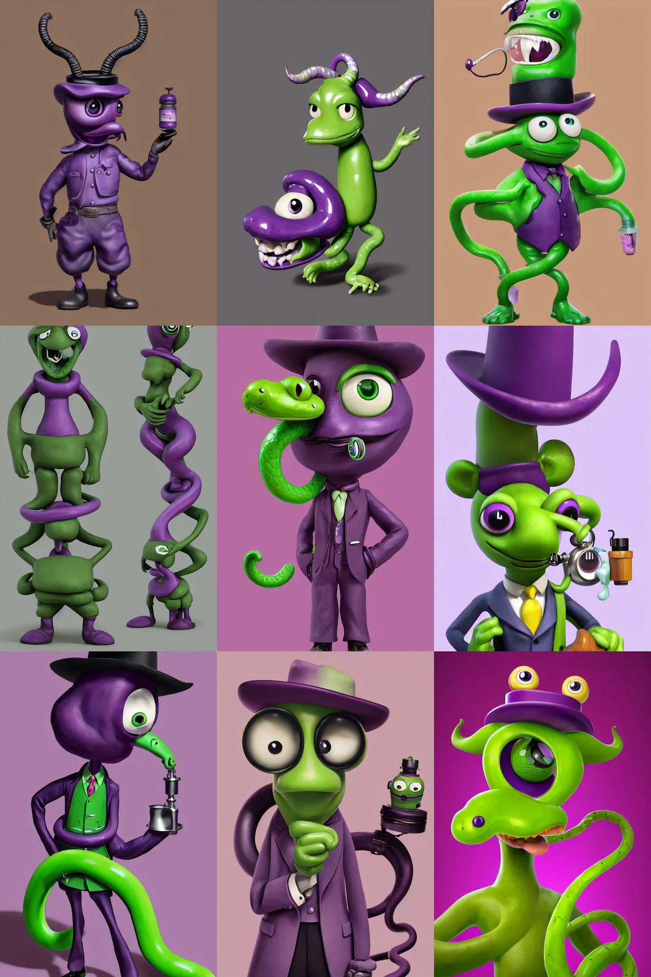 Prompt: anthropomorphic kawaii purple green cowboy snake oil salesman mascot, character design by Disney and Pixar, composition by Henri Cartier Bresson, sculpted in zbrush, minimal, Uncle Aloysius, dystopian, big eyes with eyelashes and twirly moustache, piston pumps of oil rig with bull horns, extremely detailed, digital painting, artstation, concept art, sharp focus, illustration, chiaroscuro lighting, golden ratio, rule of thirds, fibonacci