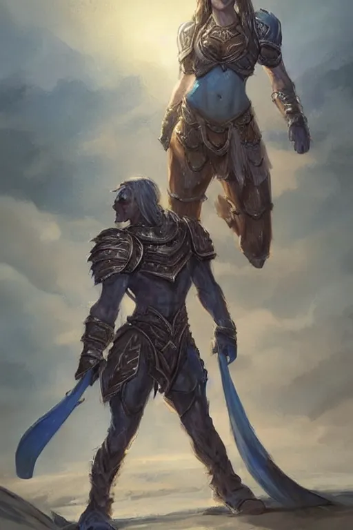 Image similar to a small blue-skinned triton girl wearing scale armor riding on a the shoulders of a large male goliath wearing fur and leather armor, dnd concept art, painting by ross tran and Tyler Jacobson