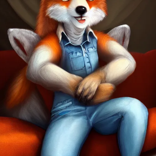 Image similar to an anthropomorphic fox wearing a t-shirt and jeans sitting on a couch, 8k resolution matte fantasy painting, cinematic lighting, DeviantArt, Artstation, furry, anthro, anthropomorphic