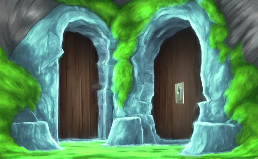 Image similar to a cell - shaded studio ghibli concept art study of a square dimensional portal doorway. water is flowing out of the portal. very dull colors, hd, 4 k, hq