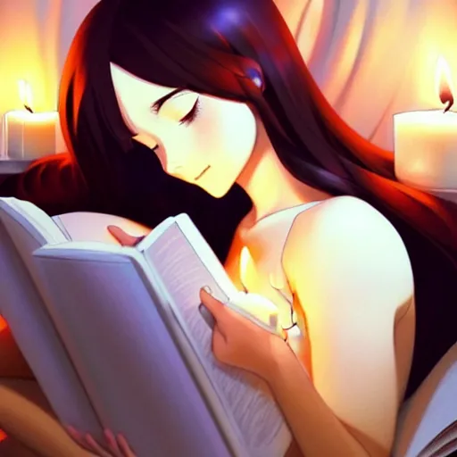 Prompt: a beautiful girl with long dark hair, lying in bed while reading a book, night time, dark, illuminated by candle light, sharp focus, intricate, digital painting, artstation, official media, anime key visual, highly detailed, rich vivid colors, ambient lighting, dynamic lighting, illustration, art by Artgerm, Makoto Shinkai, Ilya Kuvshinov, Lois Van Baarle, and Rossdraws