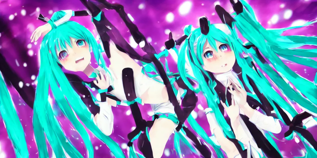 Prompt: hatsune miku preforming on stage , digital art, art station, trending on art station, anime, colorful art