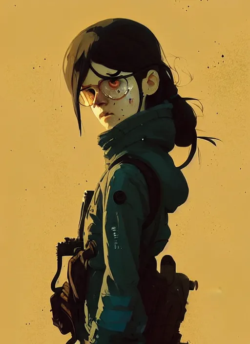 Image similar to highly detailed portrait of a moody dystopian young adult lady by atey ghailan, by greg rutkowski, by greg, tocchini, by james gilleard, by joe fenton, by kaethe butcher, gradient yellow, black, brown and cyan color scheme, grunge aesthetic!!! ( ( graffiti tag city background ) )