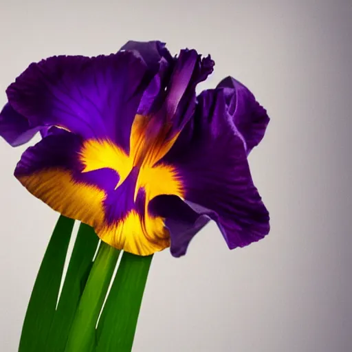 Prompt: an iris flower made of metal, cybertronic, shiny