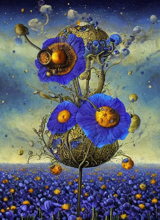 Image similar to detailed, intricate blue black and purple papaverum flower on the field, nebula, galaxy in the sky, winning award masterpiece, fantastically beautiful, illustration, aestheticly inspired, jacek yerka, upscale with anguissola sofonisba work, artstation, 8 k