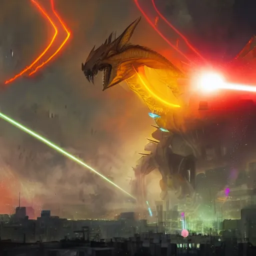 Prompt: enormous mech dragon firing a laserbeam at the center of a big city, cinematic, concept art, digital painting