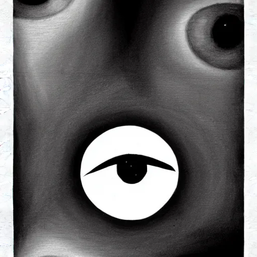 Prompt: a drawing of three realistic eyes floating over a city, black and white, vintage poster, film grain