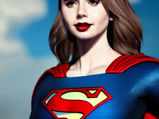 Prompt: a potrait of Lily Collins as Supergirl with man of steel suit style and full armour by Zack Snyder , 8k photorealistic, cinematic lighting, HD, high details, dramatic, trending on artstation, full body shot