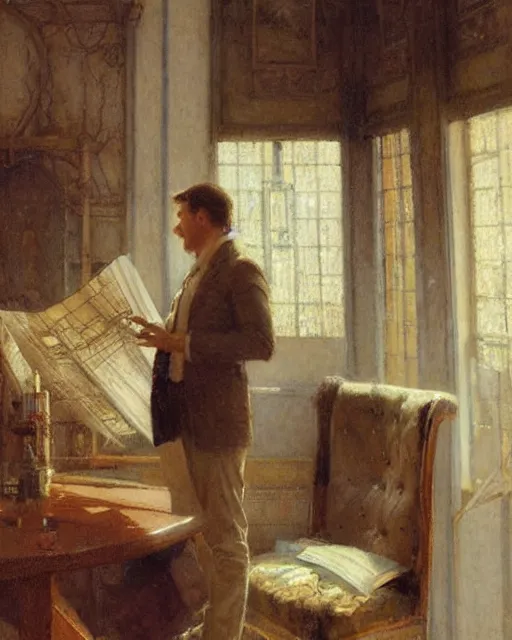 Prompt: very attractive male architect looks over blueprints of his latest work, melancholy, nostalgia, painting by gaston bussiere, craig mullins, j. c. leyendecker
