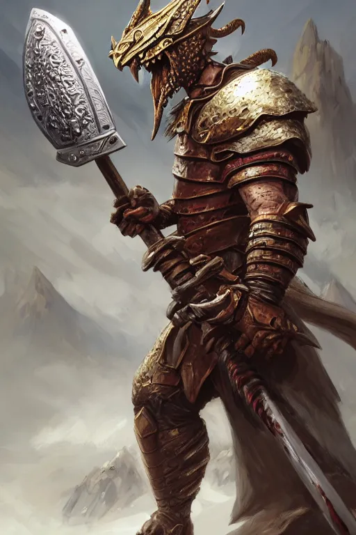 Image similar to warrior with dragon features in his face, wearing a simple robe, holding a war hammer, highly detailed, d & d, fantasy, highly detailed, digital painting, trending on artstation, concept art, sharp focus, illustration, global illumination, shaded, art by artgerm and greg rutkowski and fuji choko and viktoria gavrilenko and hoang lap