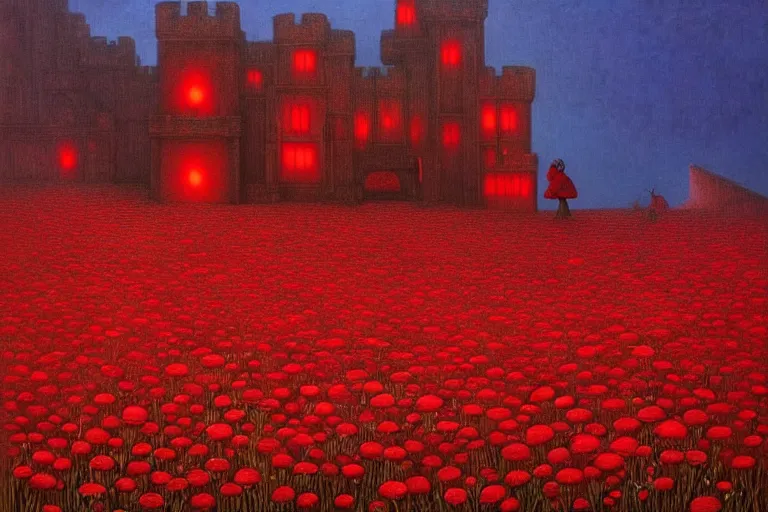 Image similar to only with red, red flowers of different types, a castle in the background, red orcs and trolls dance over the flowers, in the style of beksinski, part by hopper, part by rodcenko, part by hofbauer, intricate composition, red by caravaggio, insanely quality, highly detailed, masterpiece, red light, artstation