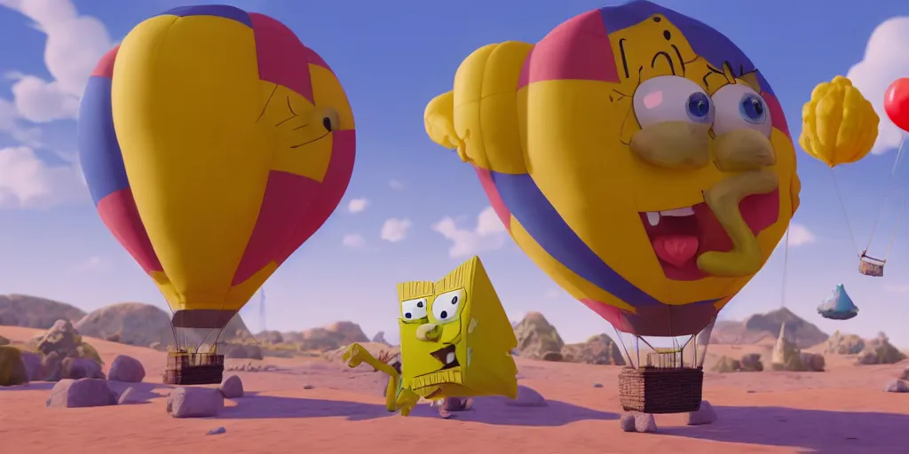 Prompt: a surrealist painting of a SpongeBob SquarePants hot air balloon | unreal engine: .4