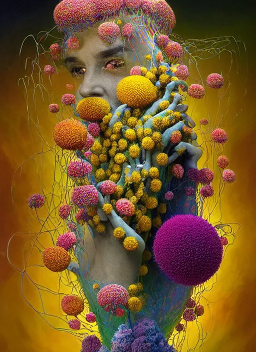 Prompt: hyper detailed 3d render like a Oil painting - Ramana Flowers with white hair in mascara seen Eating of the Strangling network of colorful yellowcake and aerochrome and milky Fruit and Her delicate Hands hold of gossamer polyp blossoms bring iridescent fungal flowers whose spores black the foolish stars by Jacek Yerka, Mariusz Lewandowski, Houdini algorithmic generative render, Abstract brush strokes, Masterpiece, Edward Hopper and James Gilleard, Zdzislaw Beksinski, Mark Ryden, Wolfgang Lettl, Dan Hiller, hints of Yayoi Kasuma, octane render, 8k