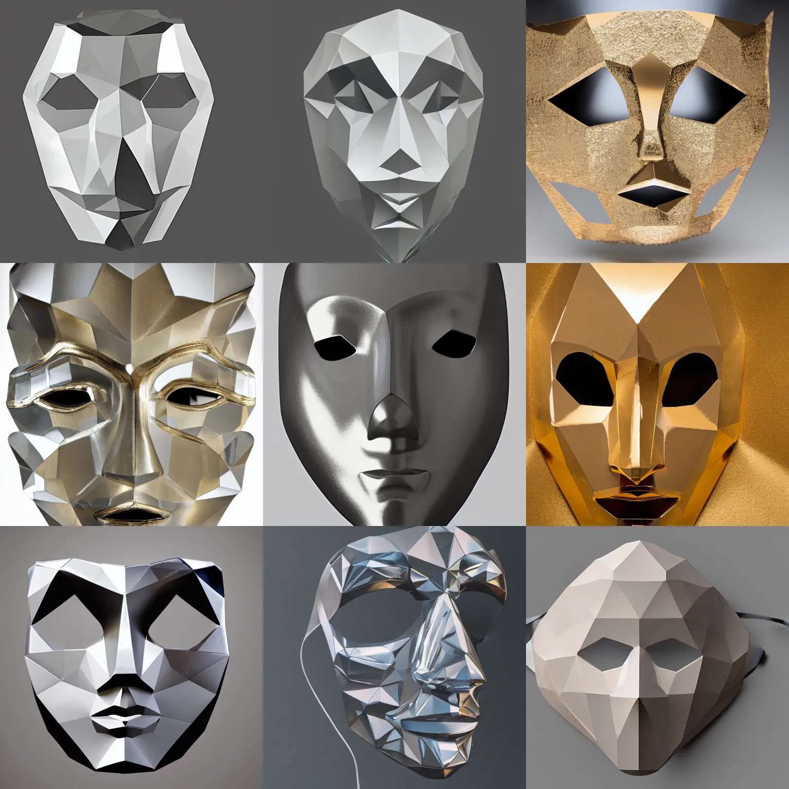 Prompt: Photograph of a crystal mask in the style of low-polygon. 8k, HD, catalog photo