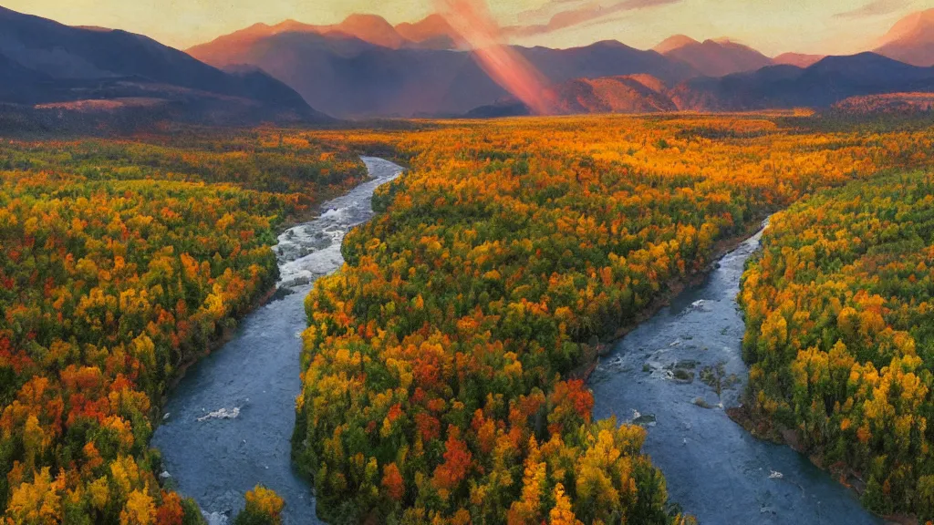 Image similar to The most beautiful panoramic landscape, oil painting, where the mountains are towering over the valley below their peaks shrouded in mist. The sun is just peeking over the horizon producing an awesome flare and the sky is ablaze with warm colors. The river is winding its way through the valley and the trees are starting to turn yellow and red, by Greg Rutkowski, aerial view