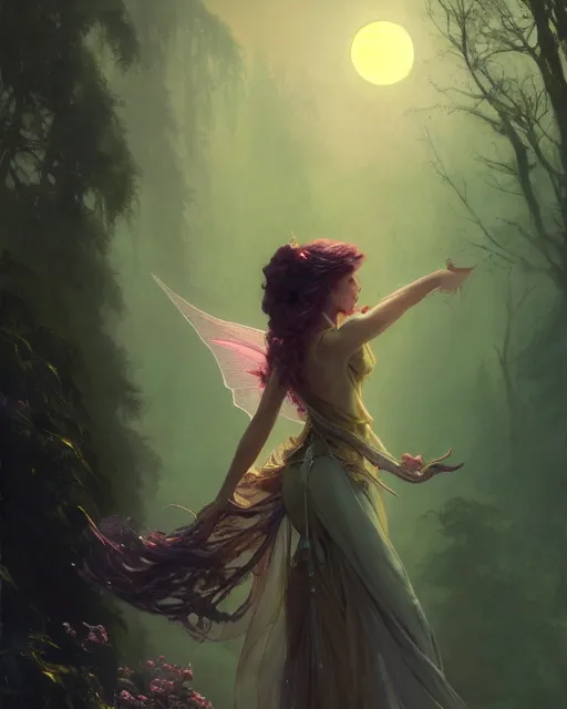 Image similar to a portrait of beautiful fairy goddness fly high in the night, d & d, fantasy, mist, full moon in background, trees, hyper detailed,, midium shot, an oil painting by ruan jia, trending on artstation, concept art, sharp focus, illustration, gaston bussiere, craig mullins, j. c. leyendecker, beautiful lighting