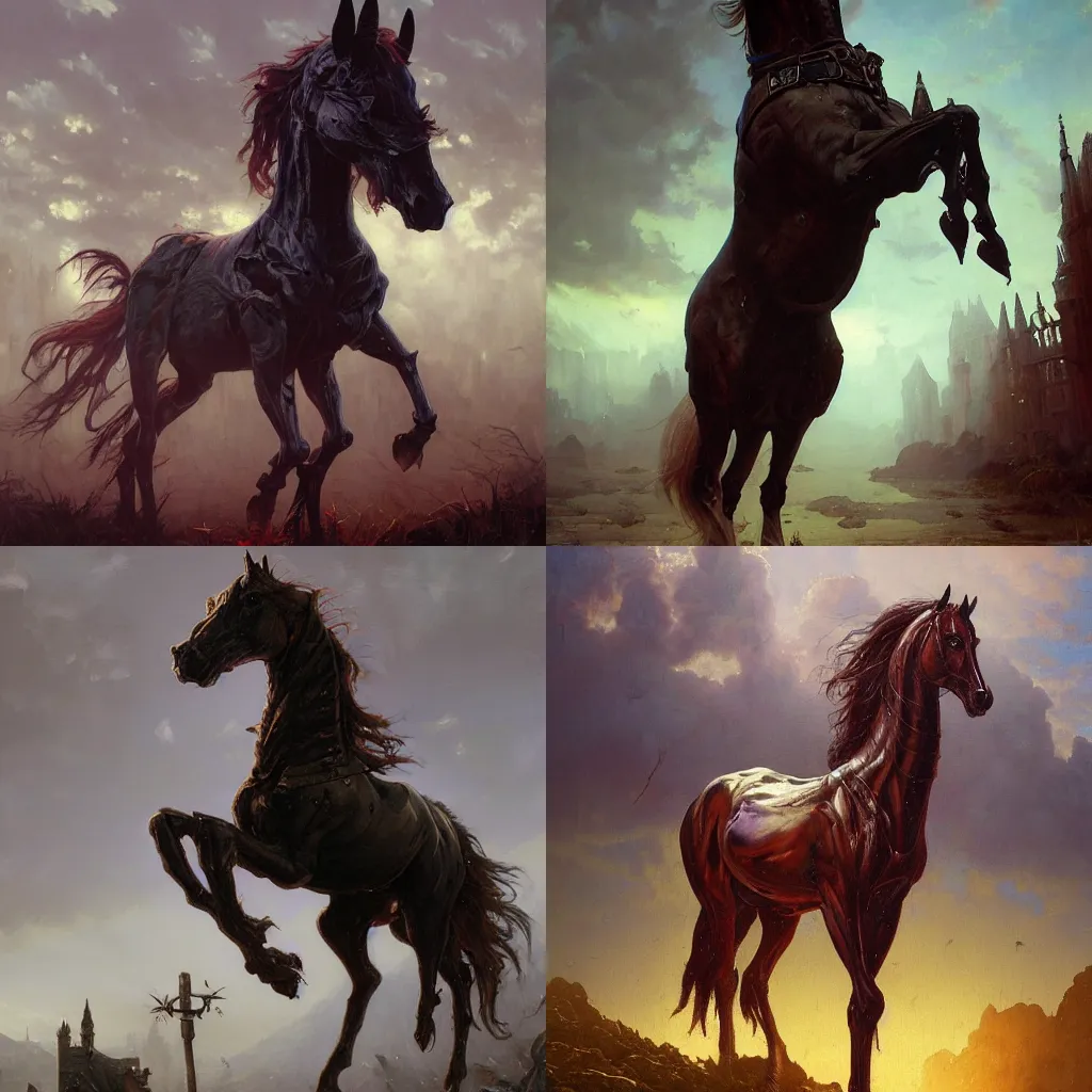 Prompt: oil painting of a gothic horse by Simon Stålenhag, by Stanley Artgerm Lau, Greg Rutkowski,Thomas Kindkade,Alphonse Mucha, Loish, Norman Rockwell,trending on artstation , rule of thirds, Highly detailed, anatomically correct, dramatic lighting, fashion, oil on canvas