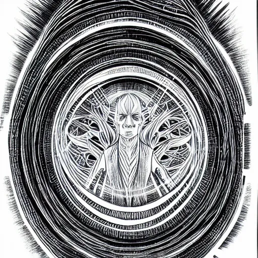 Image similar to an alex grey drawing, micron pen, black ink, a portal to another dimension, portrait