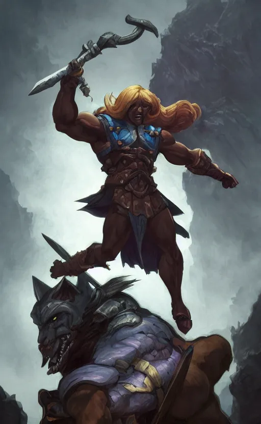 Prompt: Full body centered uncut character pose of mysterious-eerie-ominous He-Man, He-Man is holding the Power Sword in his right hand, He-Man rides the Battle Cat, dark grey shadowy smokey background, direct natural lighting, cinematic, Epic, ultra-detailed, sharp focus, colored illustration, artwork by Jordan Grimmer and Greg Rutkowski and Alphonse Mucha