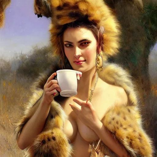 Prompt: a sexy hyena girl drinking coffee, furry body, furry pelt, very furry, furry, white dress. highly detailed painting with lots of colours by gaston bussiere, craig mullins, j. c. leyendecker 8 k