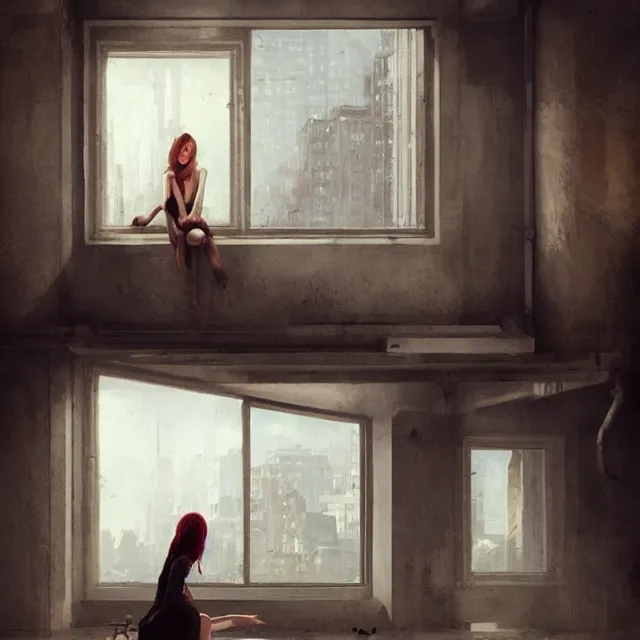 Image similar to window, woman, buildings, surprise, scared, couch by wlop, artgerm, greg rutkowski, evocative, highly detailed