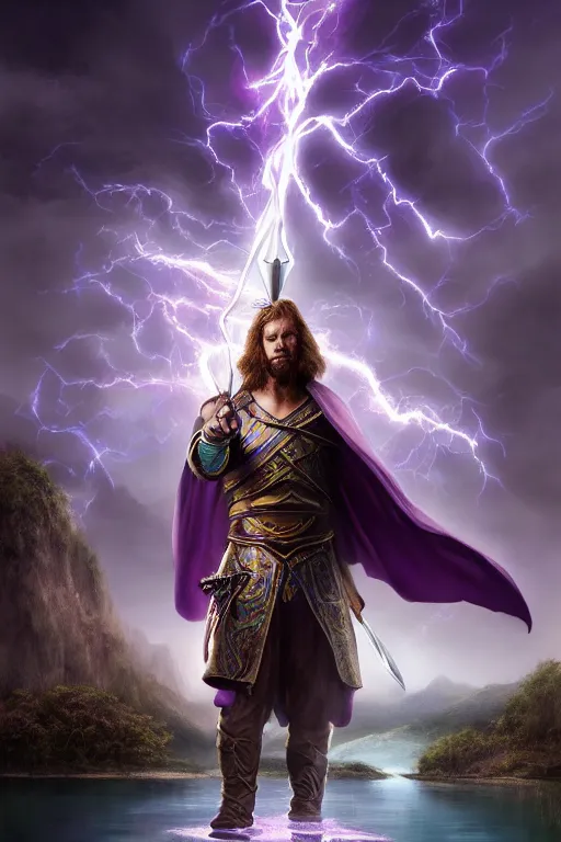 Image similar to fantasy, hyper realistic mystical wizard holding a sword that’s pointed towards the sky, sword is getting shocked by purple lightning, wizard is levitating over a lake, reflection, octane, trending on artstation, highly detailed, by Frank frazetta, 8k