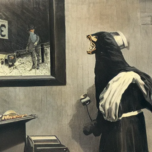 Image similar to a black monster in a gas station, vintage photography of a painting by segantini