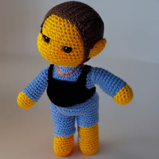 Prompt: amigurumi of a man in a mesh shirt and lederhosen and bendy lights