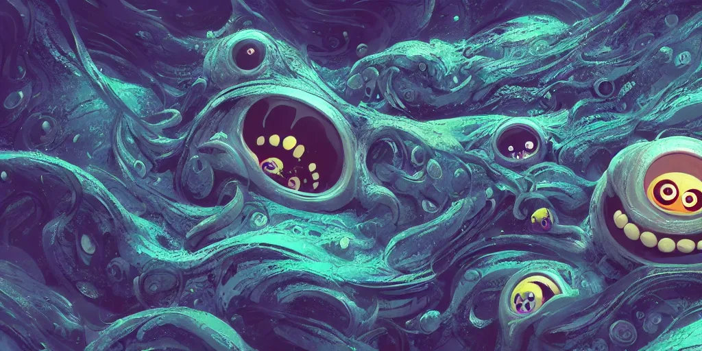 Image similar to of an intricate deep sea with strange cute friendly happy creatures with huge eyes, long tongue, round teeth and goofy funny face, appearing from the background, in the style of gehry and gaudi, macro lens, shallow depth of field, ultra detailed, digital painting, trending artstation, concept art, illustration, cinematic lighting, photorealism, epic, octane render