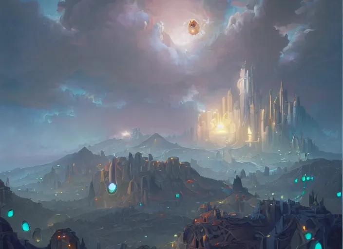 Prompt: city of might and magic, citadel of light, glowing orbs, by peter mohrbacher,