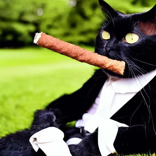 Prompt: black cat smoking cigar and wearing suit.