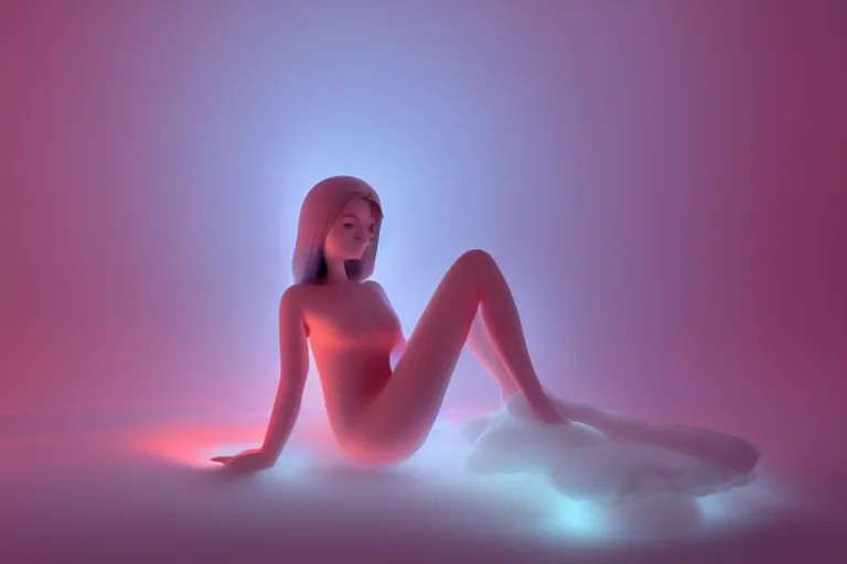 Image similar to a cute alien girl sitting on a cloud relaxing, misty, glows, blender render, hazy, foggy, red lighting, ambient lighting, 8 k,