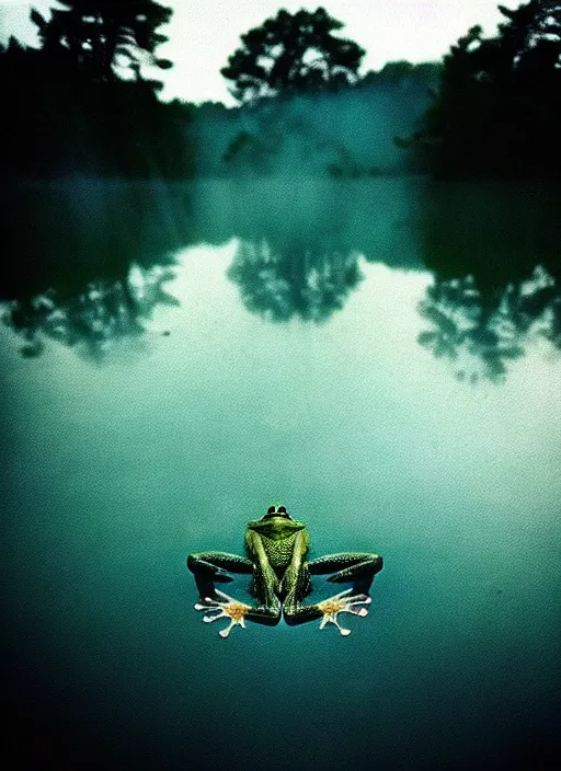 Prompt: “smiling frog vertically floating above misty lake waters in jesus christ pose, low angle, long cinematic shot by Andrei Tarkovsky, paranormal, eerie, mystical”