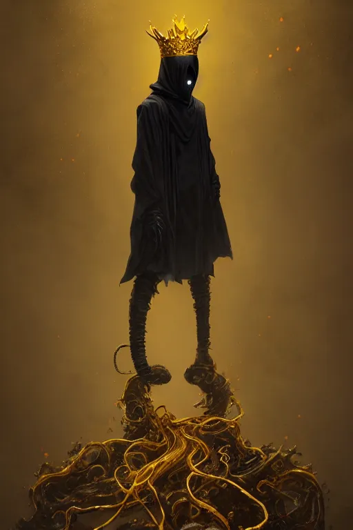 Image similar to A full body portrait of a mysterious character with no face with a very long hooded yellow cloak, a golden crown floating above his head tentacles coming out the ground art by Maciej Kuciara and Jason Chan, ominous, cosmic horror, trending on artstation, Ultra detailed, hyper realistic 4k