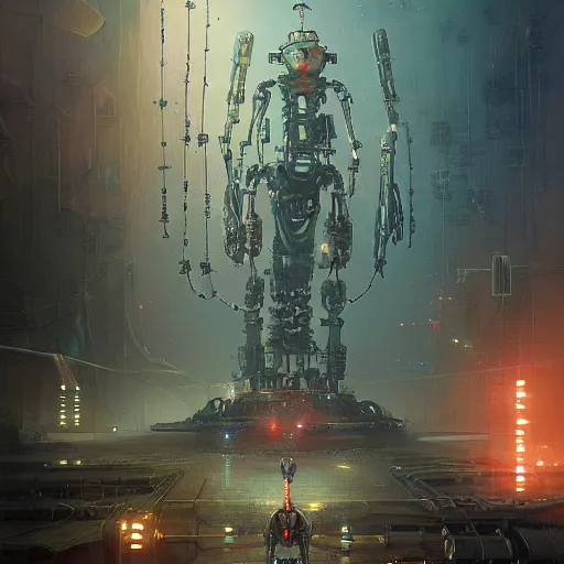 Image similar to a robot, mechanical, intrincate, cinematic lights, wires, volumetric, maximalist, fractal background, mechanical sci fi, horror, the end of the world, cgscociety by marc simonetti and peter mohrbacher